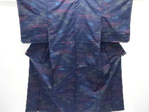 アンティーク　ヱ霞に枝花模様織り出し手織り紬着物